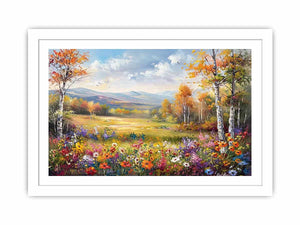 Autumn meadow landscape canvas art with wildflowers and mountains for elegant living room decor