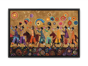 Colorful cultural procession canvas art with horses and folk patterns for statement wall decor