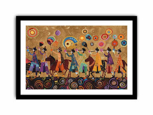 Colorful cultural procession canvas art with horses and folk patterns for statement wall decor