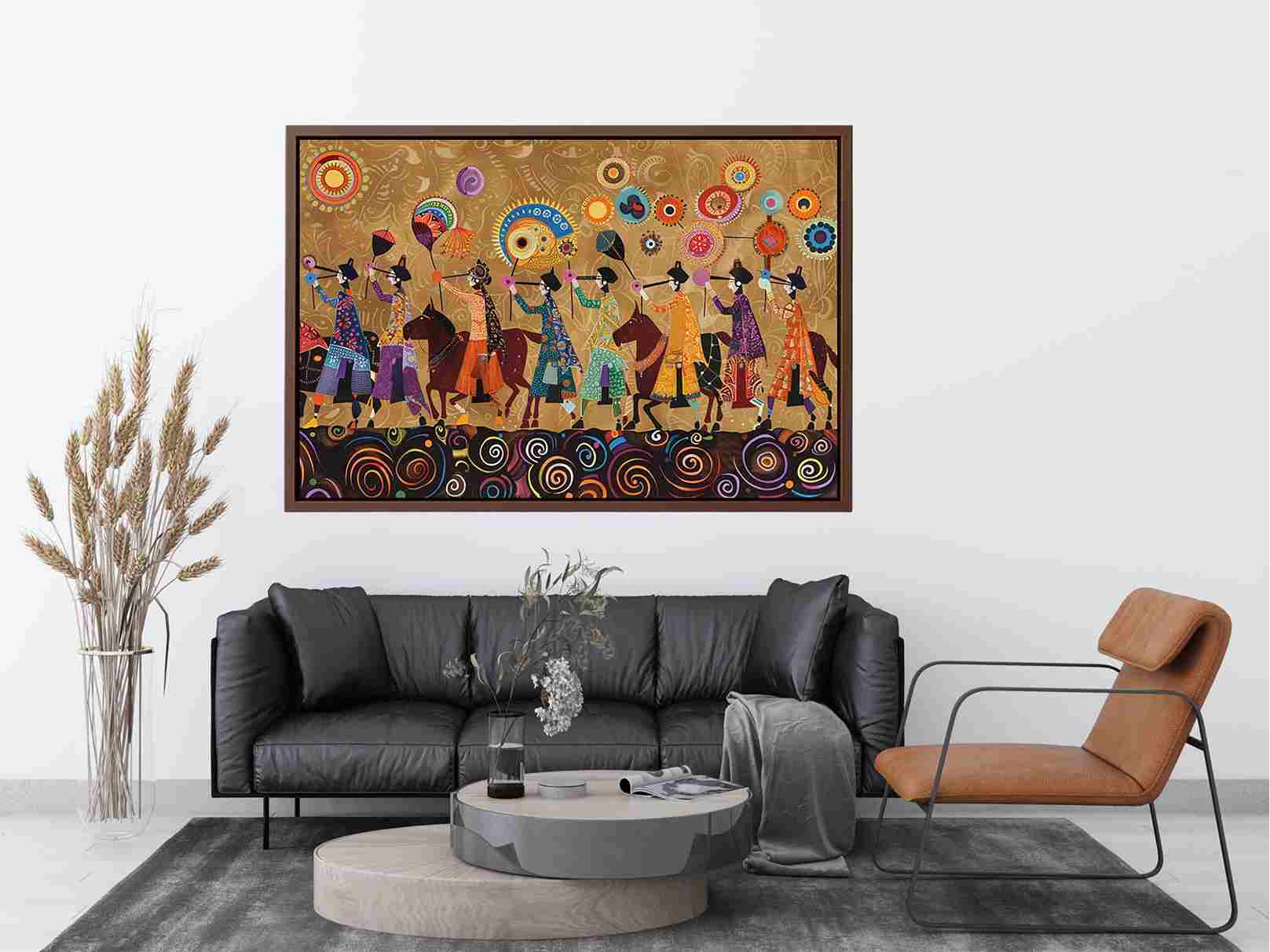Colorful cultural procession canvas art with horses and folk patterns for statement wall decor