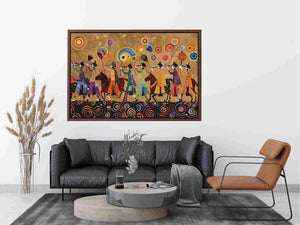 Colorful cultural procession canvas art with horses and folk patterns for statement wall decor
