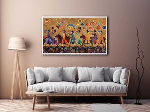 Colorful cultural procession canvas art with horses and folk patterns for statement wall decor