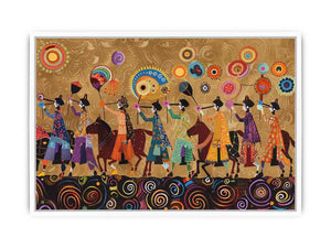 Colorful cultural procession canvas art with horses and folk patterns for statement wall decor