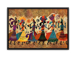 Colorful cultural dance artwork with patterned figures for modern living room decor