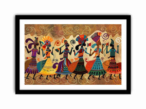 Colorful cultural dance artwork with patterned figures for modern living room decor