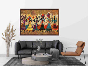 Colorful cultural dance artwork with patterned figures for modern living room decor