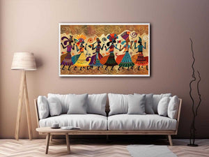Colorful cultural dance artwork with patterned figures for modern living room decor