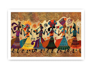Colorful cultural dance artwork with patterned figures for modern living room decor
