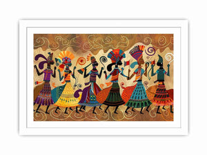 Colorful cultural dance artwork with patterned figures for modern living room decor