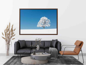 Minimal winter tree canvas art for serene modern living room decor