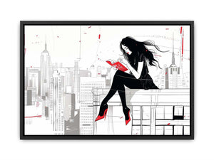 Fashion illustration wall art with red accents and city skyline for modern interiors