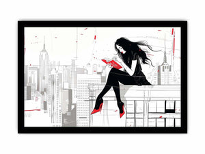 Fashion illustration wall art with red accents and city skyline for modern interiors