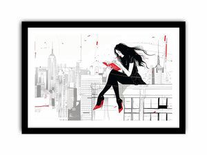 Fashion illustration wall art with red accents and city skyline for modern interiors