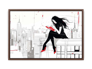 Fashion illustration wall art with red accents and city skyline for modern interiors
