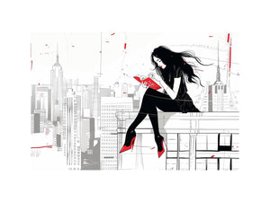 Fashion illustration wall art with red accents and city skyline for modern interiors