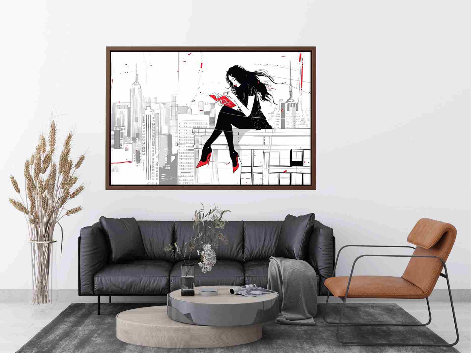 Fashion illustration wall art with red accents and city skyline for modern interiors