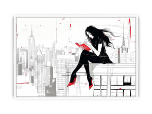 Fashion illustration wall art with red accents and city skyline for modern interiors