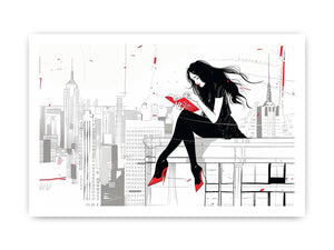 Fashion illustration wall art with red accents and city skyline for modern interiors