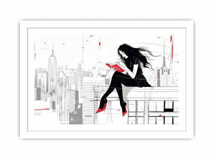 Fashion illustration wall art with red accents and city skyline for modern interiors