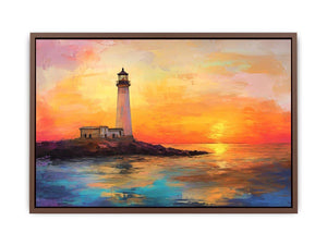 Sunset lighthouse canvas art with ocean reflections for luxury coastal living room decor.