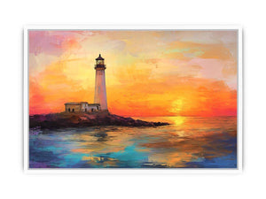 Sunset lighthouse canvas art with ocean reflections for luxury coastal living room decor.