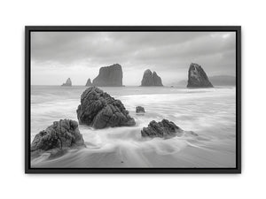 Black and white coastal landscape photography for serene living room decor