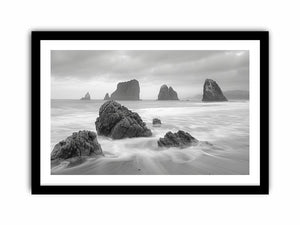 Black and white coastal landscape photography for serene living room decor