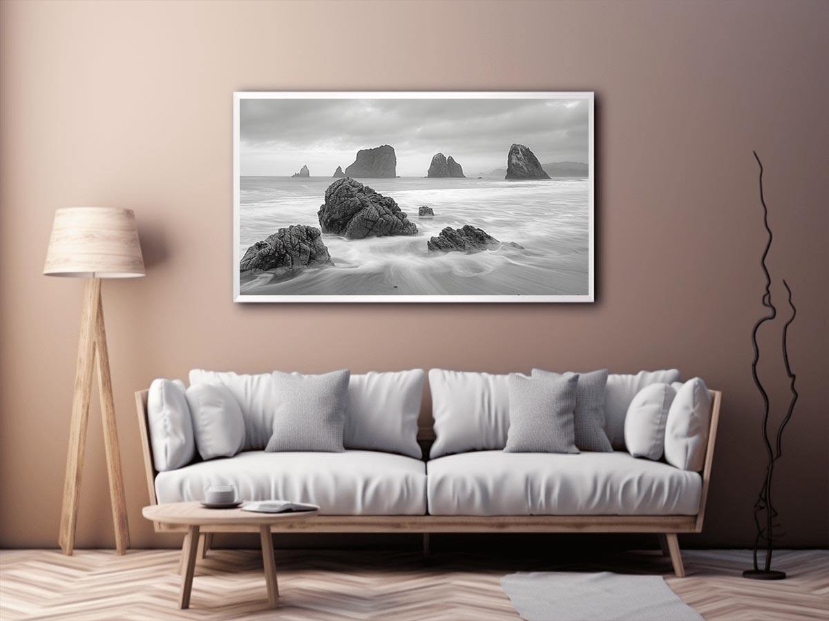 Black and white coastal landscape photography for serene living room decor