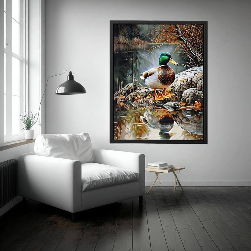 Duck by lakeside reflection artwork for peaceful nature inspired decor