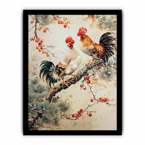 Rooster pair artwork with botanical accents for farmhouse kitchen decor