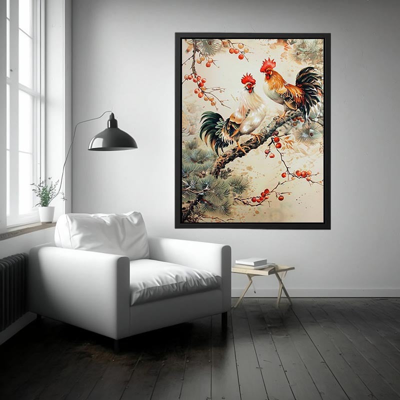 Rooster pair artwork with botanical accents for farmhouse kitchen decor