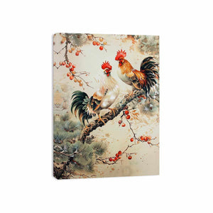 Rooster pair artwork with botanical accents for farmhouse kitchen decor