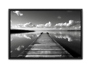 Black and white pier landscape photography for calm modern bedroom decor