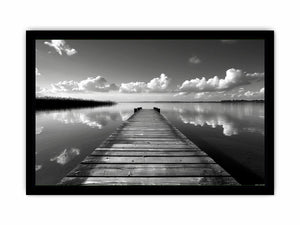 Black and white pier landscape photography for calm modern bedroom decor