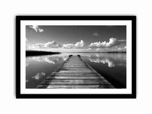 Black and white pier landscape photography for calm modern bedroom decor