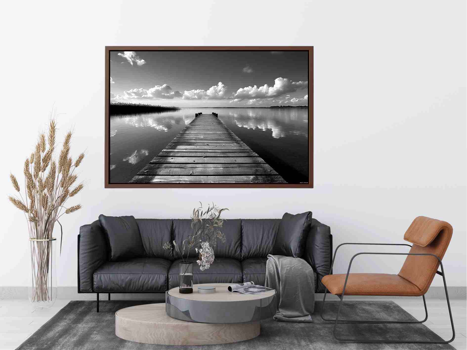 Black and white pier landscape photography for calm modern bedroom decor