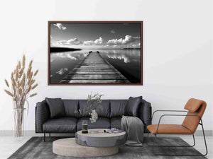 Black and white pier landscape photography for calm modern bedroom decor