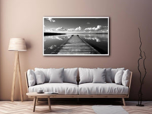 Black and white pier landscape photography for calm modern bedroom decor