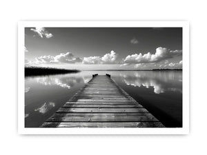 Black and white pier landscape photography for calm modern bedroom decor