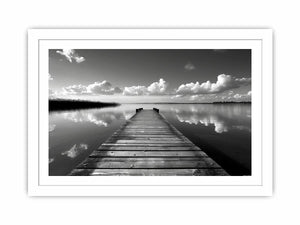 Black and white pier landscape photography for calm modern bedroom decor