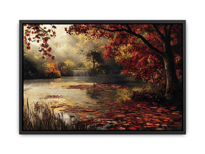 Autumn lake and waterfall landscape canvas art for cozy living room decor
