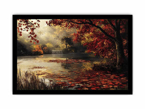 Autumn lake and waterfall landscape canvas art for cozy living room decor