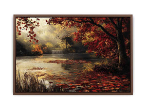 Autumn lake and waterfall landscape canvas art for cozy living room decor
