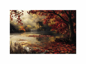 Autumn lake and waterfall landscape canvas art for cozy living room decor