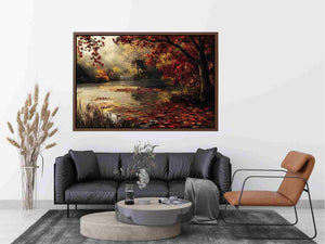 Autumn lake and waterfall landscape canvas art for cozy living room decor