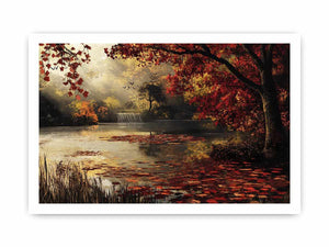 Autumn lake and waterfall landscape canvas art for cozy living room decor