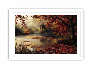 Autumn lake and waterfall landscape canvas art for cozy living room decor