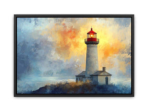 Modern lighthouse canvas print with blue and gold coastal fog for luxury living room decor.