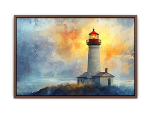 Modern lighthouse canvas print with blue and gold coastal fog for luxury living room decor.