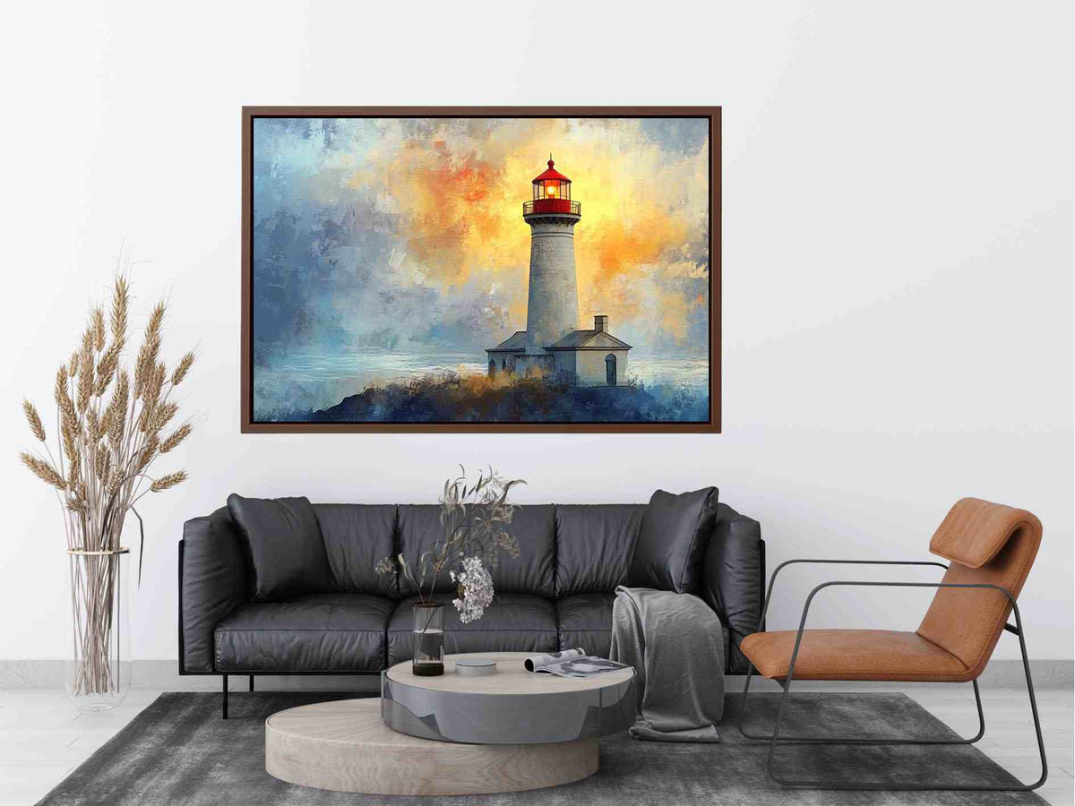Modern lighthouse canvas print with blue and gold coastal fog for luxury living room decor.
